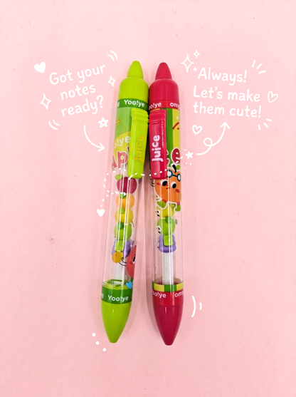 Two colorful pens with cartoon characters on a pink background