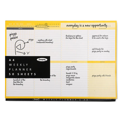 Weekly planner with notes and branding tasks on a white background