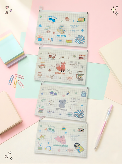Set of four small notebooks with cute illustrations on a pastel background