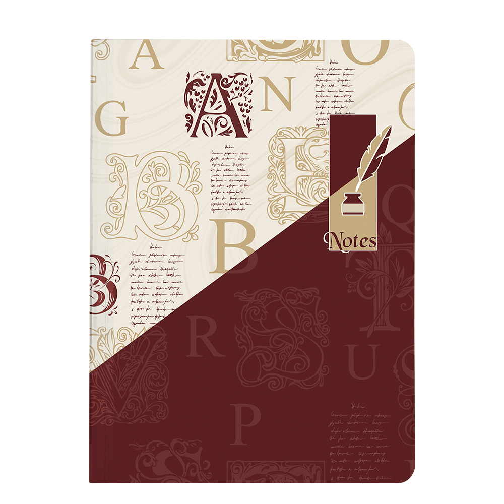 Notebook cover with decorative lettering and a quill on a white background