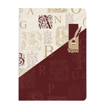 Notebook cover with decorative lettering and a quill on a white background