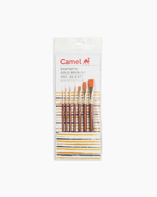 Pack of Camel synthetic gold brushes on a white background
