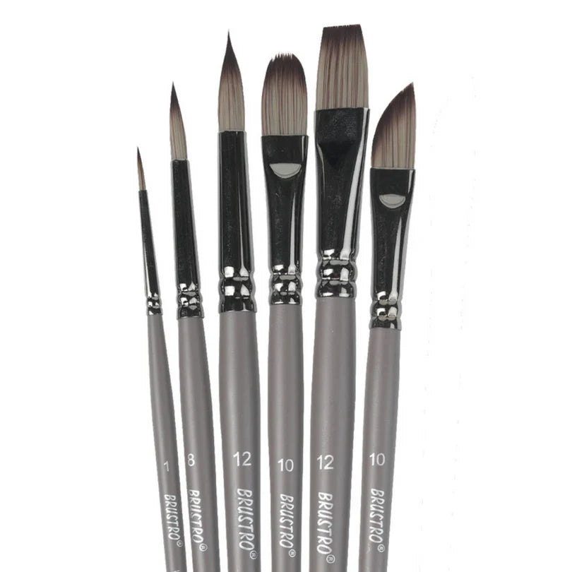 Set of paint brushes with black handles and silver ferrules on a white background