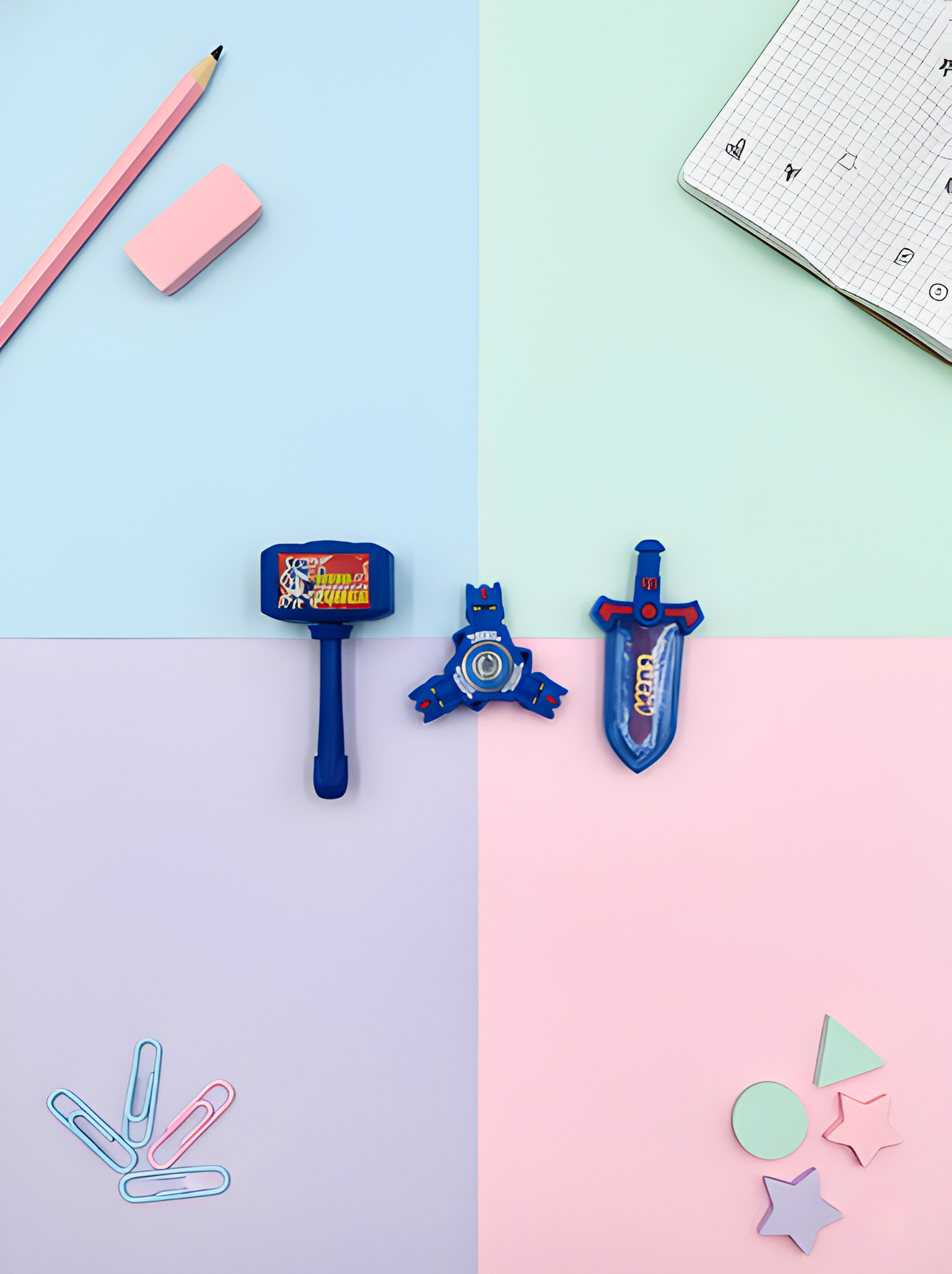 Stationery items including a pencil, eraser, and colorful tools on a pastel background