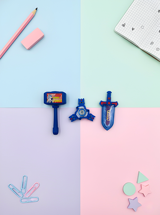 Stationery items including a pencil, eraser, and colorful tools on a pastel background