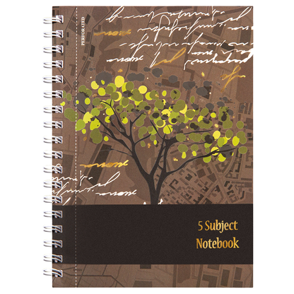 Notebook with tree design and text on cover, spiral binding on left side.