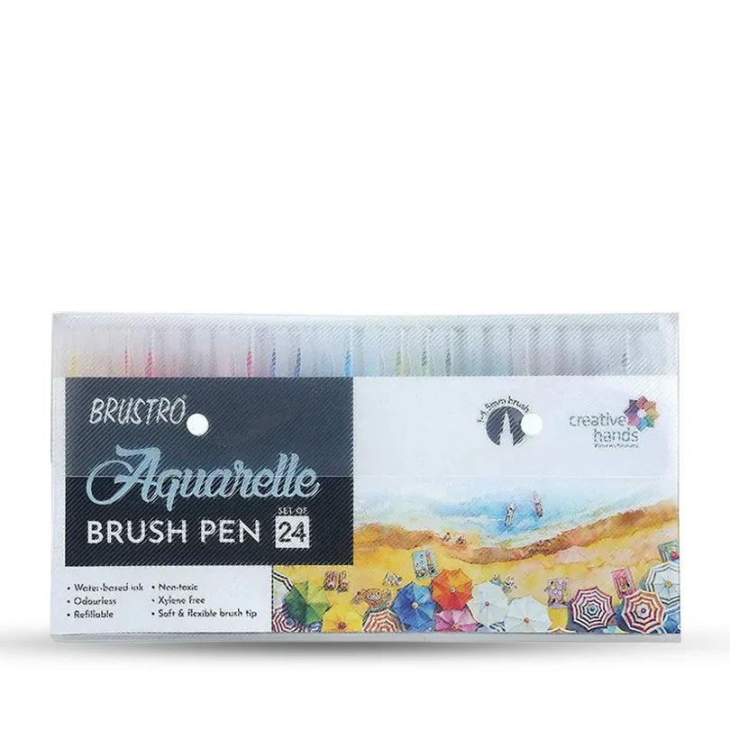 Packaging of Brustro Aquarelle Brush Pens with a beach scene illustration on a white background