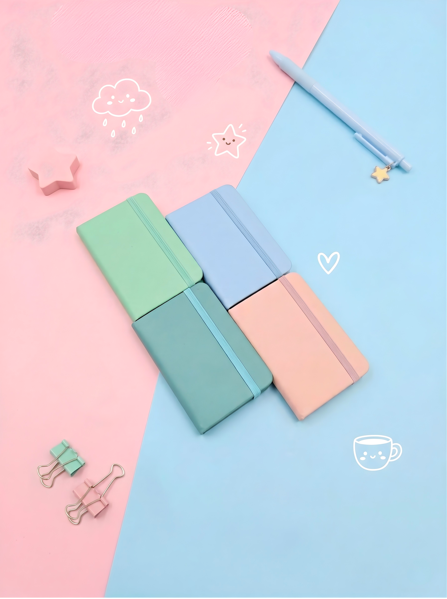 Three pastel-colored notebooks on a pink and blue gradient background with stationery items.