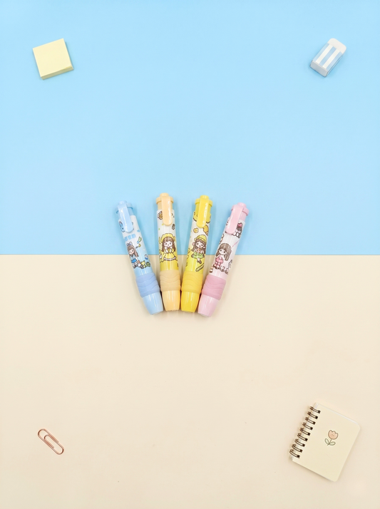 Five colorful cartoon-style修正带 on a light blue and beige background