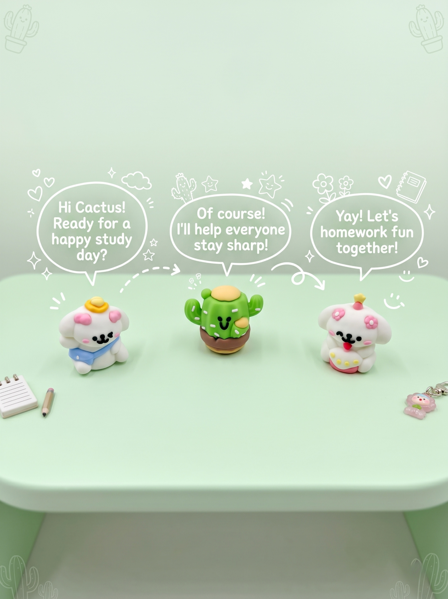 Three cartoon cactus characters with speech bubbles on a green surface