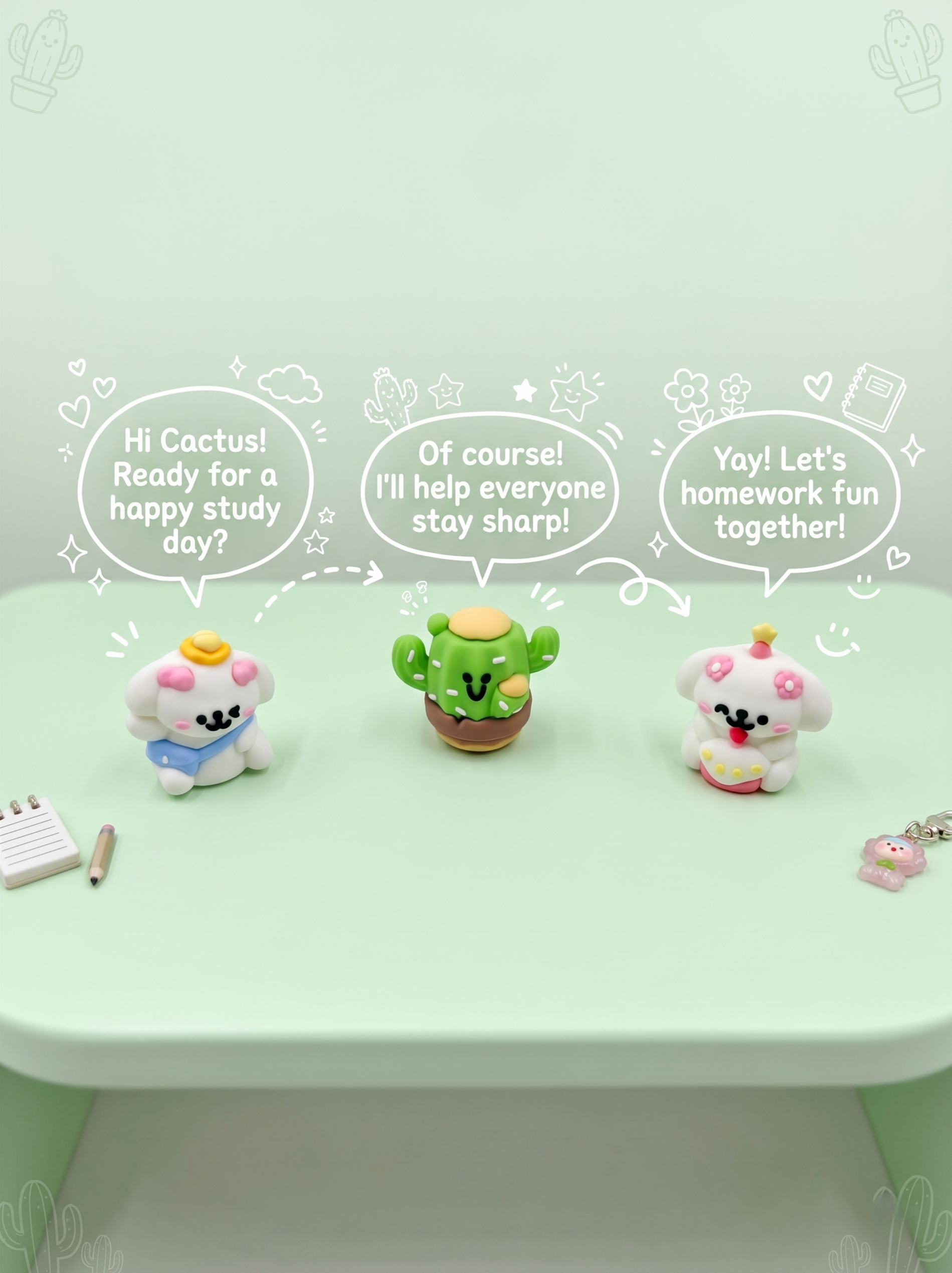 Three cartoon cactus characters with speech bubbles on a green surface