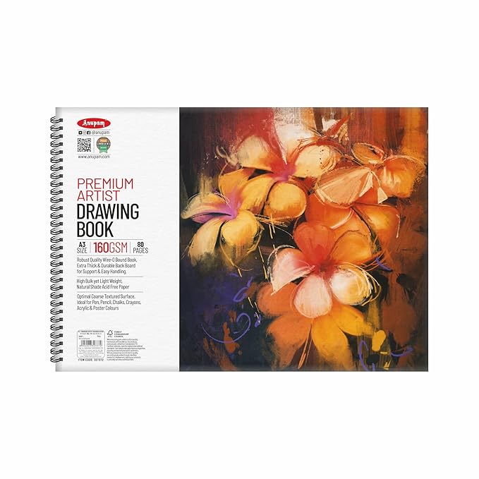 Drawing book with floral illustration on cover and brand label on left