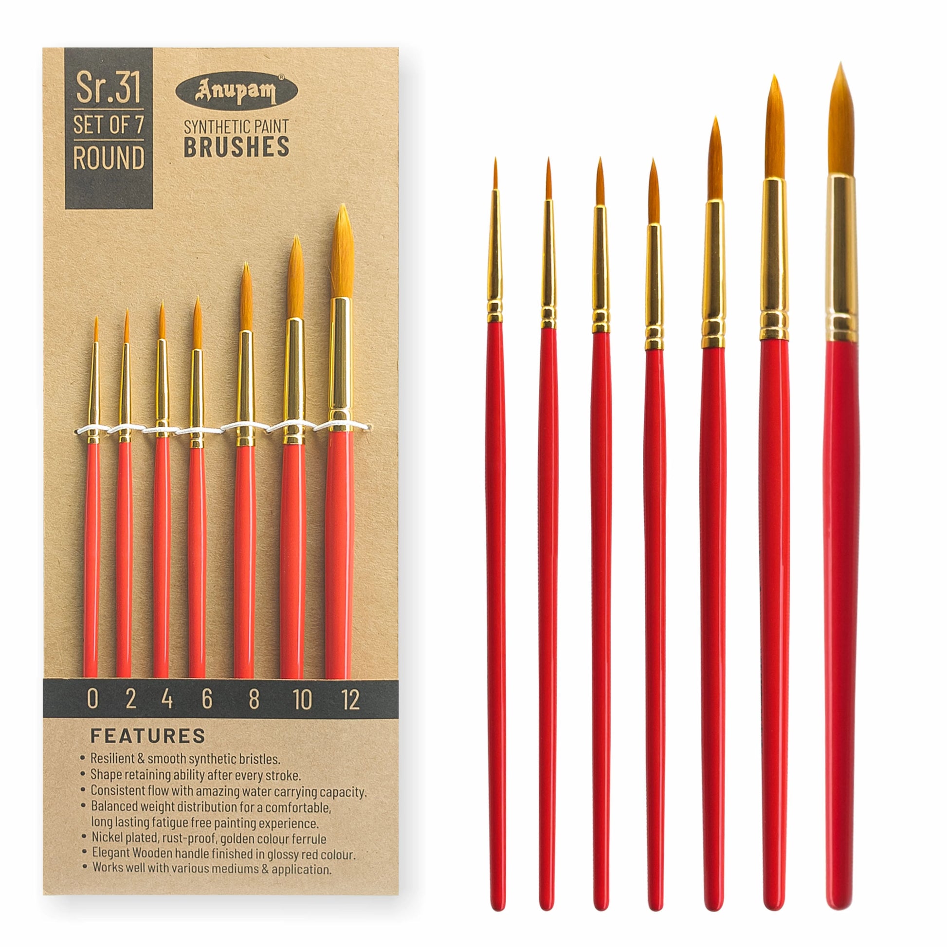 Set of 7 round synthetic paint brushes with packaging on a white background