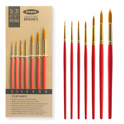 Set of 7 round synthetic paint brushes with packaging on a white background