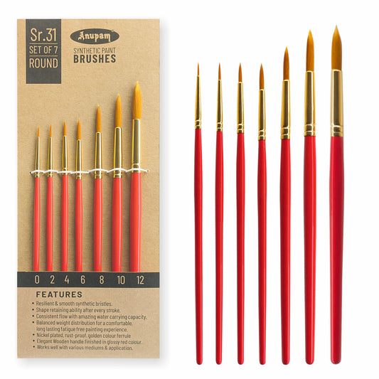 Set of 7 round synthetic paint brushes with packaging on a white background