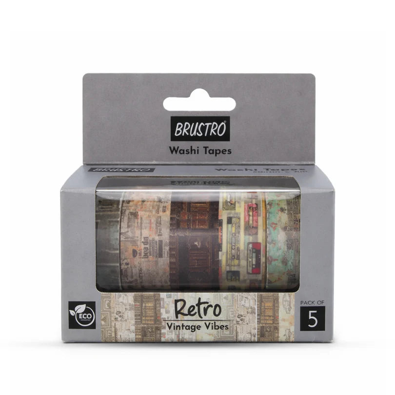 Brustro washi tape set packaging with 'Retro Vintage Vibes' design on a white background