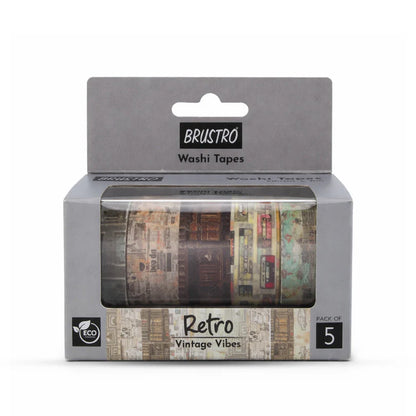 Brustro washi tape set packaging with 'Retro Vintage Vibes' design on a white background