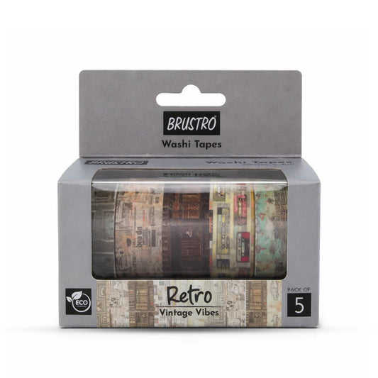 Brustro washi tape set packaging with 'Retro Vintage Vibes' design on a white background