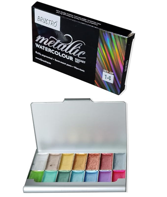 Brustro metallic watercolour set with open palette showing various colors on a white background