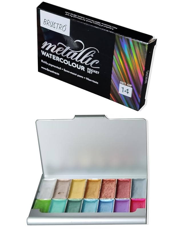 BRUSTRO Artists Metallic Watercolour Pocket Set of 14 Half Pans