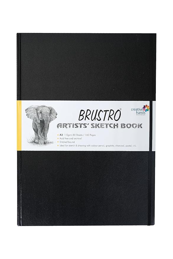 Black sketchbook with a label on a white background