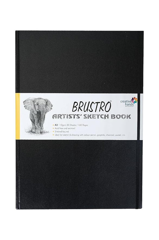 Black sketchbook with a label on a white background