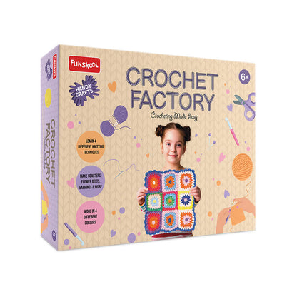 Box for 'Crochet Factory' craft kit with a child holding a colorful crochet blanket.