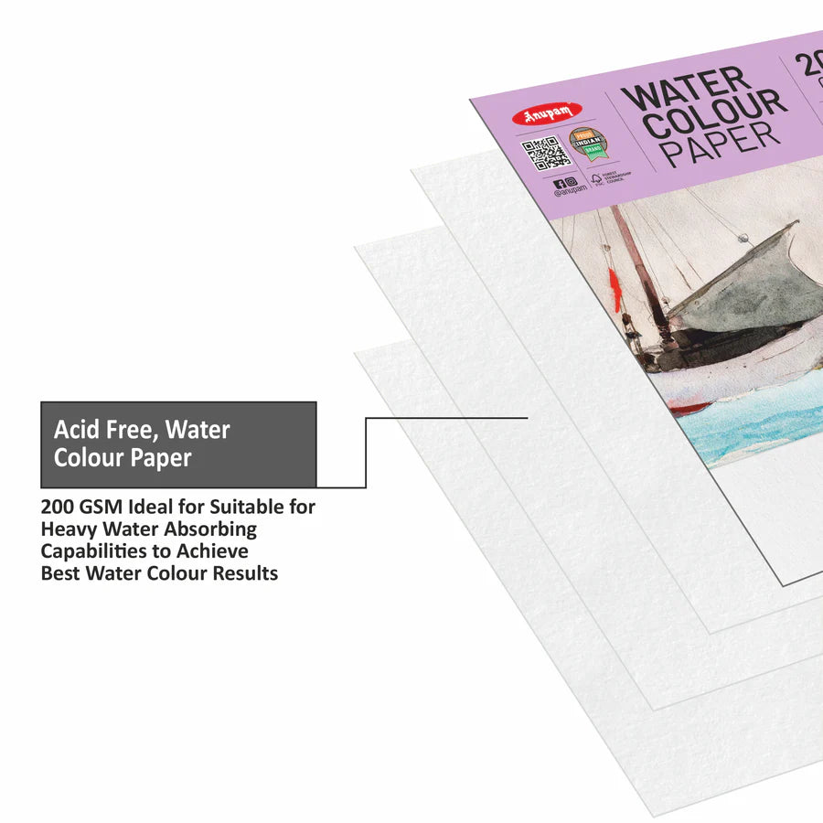 Watercolor paper with a sailboat image on the cover and text about its properties.