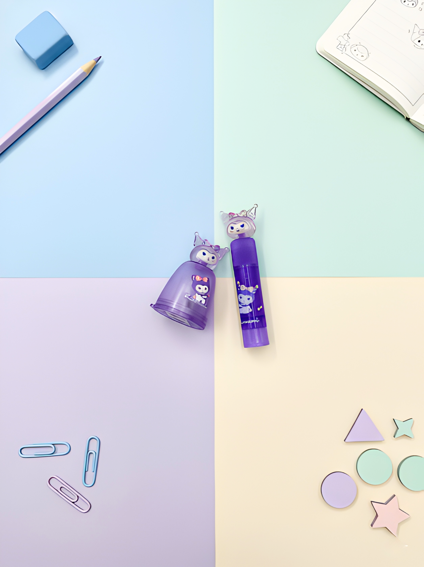 Two purple cartoon character markers on a pastel-colored background with stationery items.
