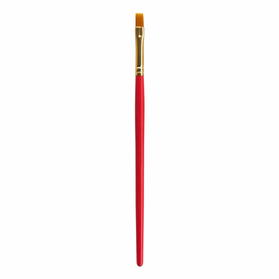 Red paintbrush with a gold ferrule on a white background