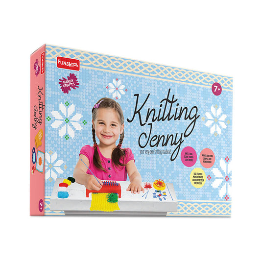 Knitting Jenny toy packaging with a child using the toy on a white background