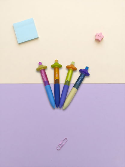 Colorful pens with unique designs on a two-tone background