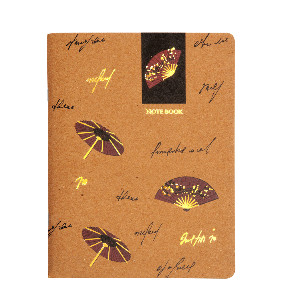 Notebook with decorative design of fans and umbrellas on a brown background