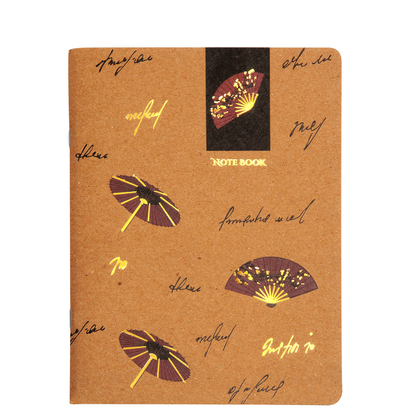 Notebook with decorative design of fans and umbrellas on a brown background