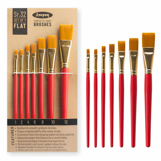 Set of 7 flat synthetic paint brushes with packaging on a white background
