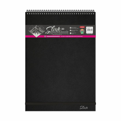 Black sketchbook with visible brand label on a white background
