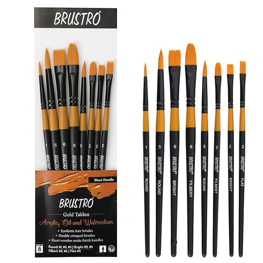 Set of Brustro painting brushes with packaging on a white background