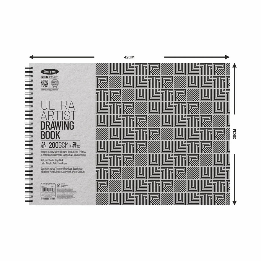 Drawing book with geometric pattern and dimensions on a white background