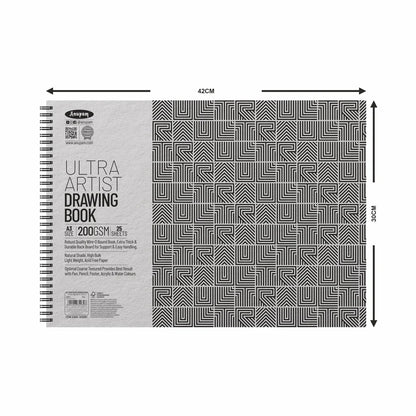 Drawing book with geometric pattern and dimensions on a white background
