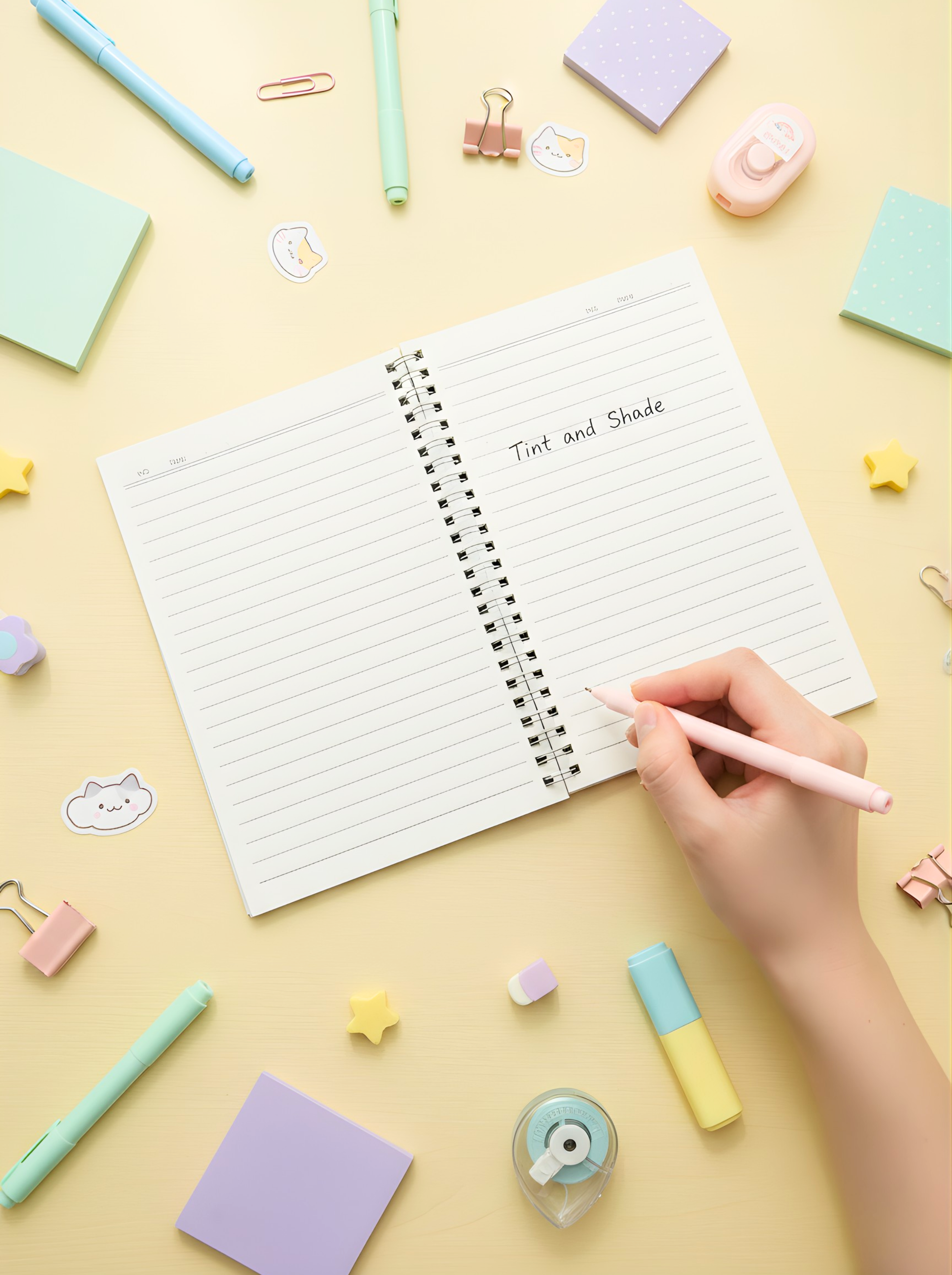 Open notebook with lined pages on a yellow background with stationery items
