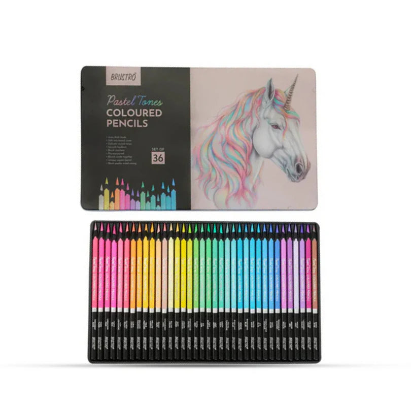 Set of colored pencils with a packaging featuring a unicorn illustration on a white background
