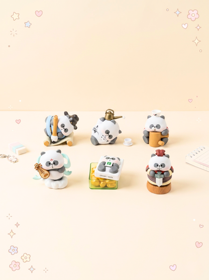 Set of panda-themed figurines with various accessories on a light beige background