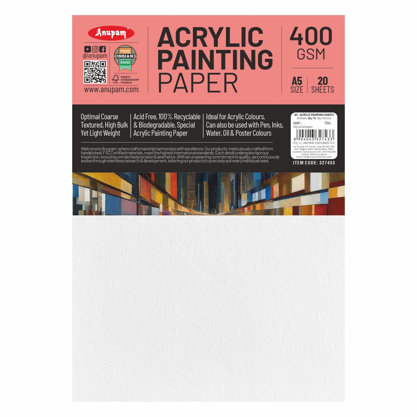 Acrylic painting paper packaging with Anupam branding on a white background