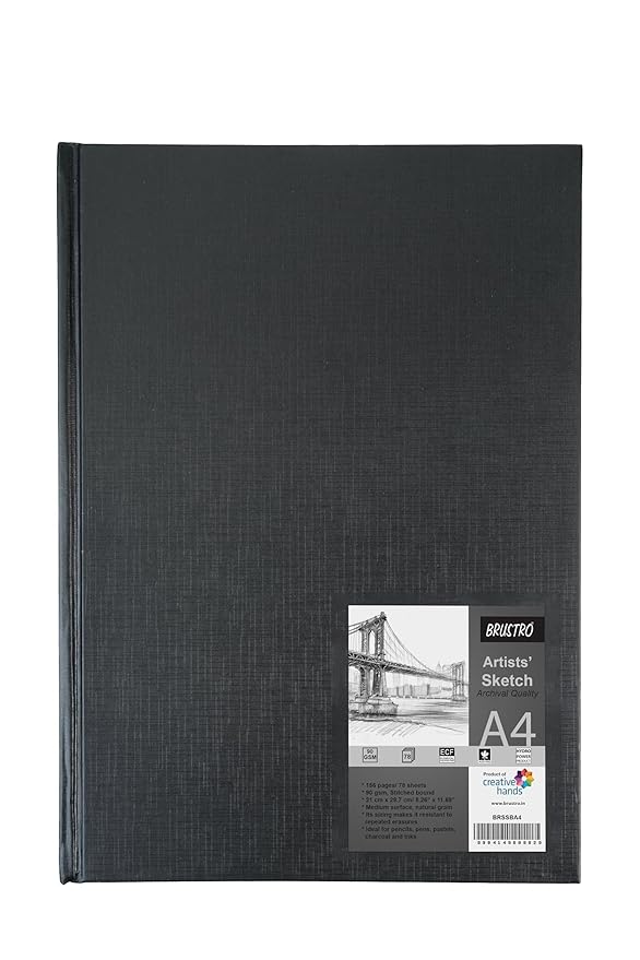 Black sketchbook with a label on a white background
