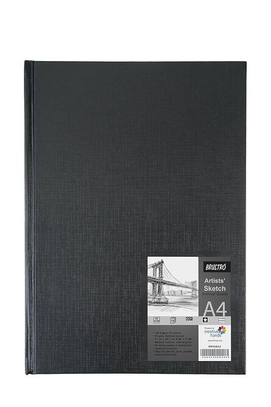 Black sketchbook with a label on a white background