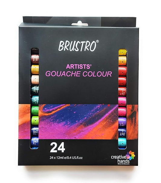 Brustro Artists' Gouache Colour set packaging with colorful swatches on a white background