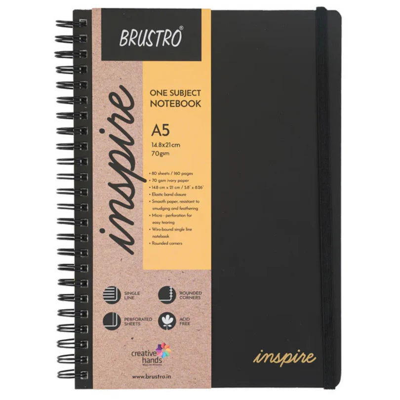 Black notebook with 'Brustro' branding and product details on a white background