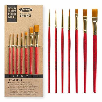 Set of Anupam paint brushes with red handles and gold ferrules on a white background.