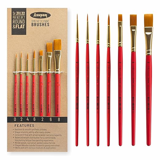 Set of Anupam paint brushes with red handles and gold ferrules on a white background.