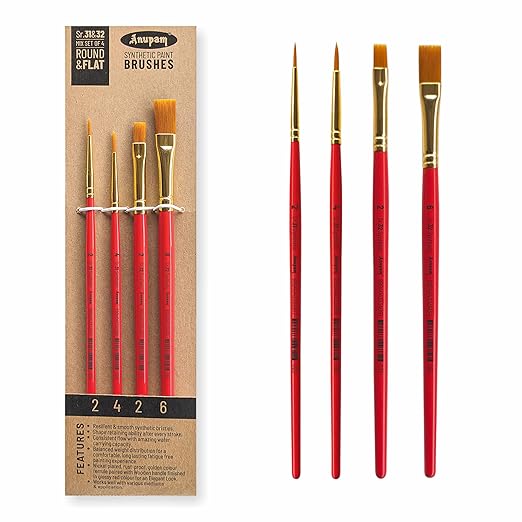 Set of paint brushes with red handles and gold ferrules, displayed against a white background.